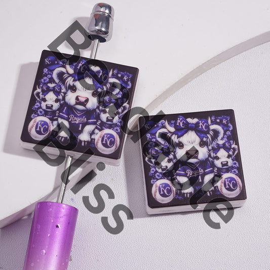 Silicone Focal Beads with American Baseball KC and Highland Cow, Flat Square Shape