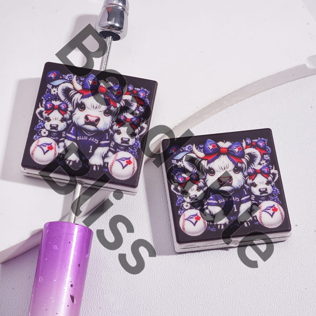 Silicone Focal Beads with Highland Cattle and American Baseball Toronto, Flat Square Shapes