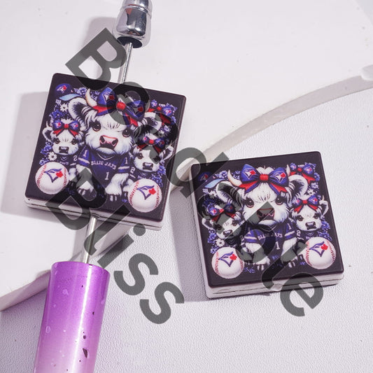 Silicone Focal Beads with Highland Cattle and American Baseball Toronto, Flat Square Shape