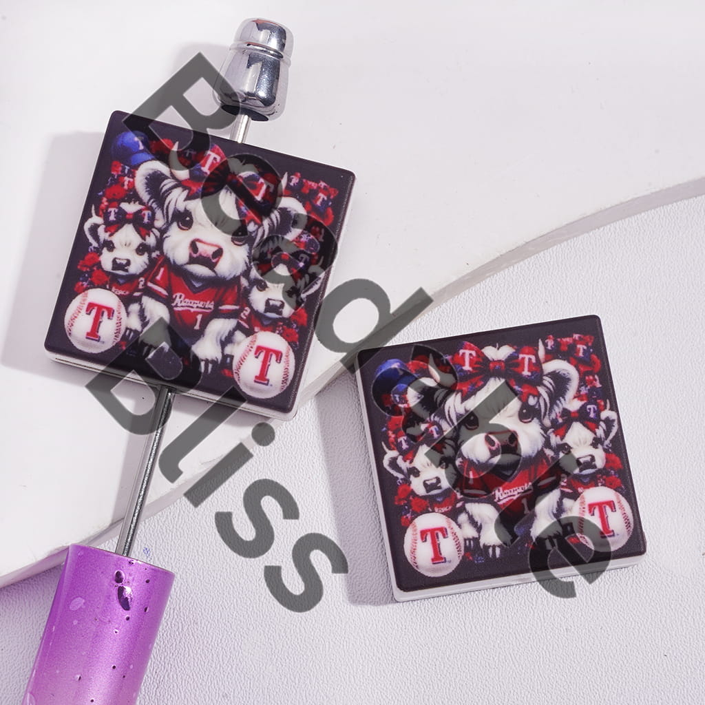 Silicone Focal Beads with Highland Cow and American Baseball Texas Cavalry, Flat Square Shape