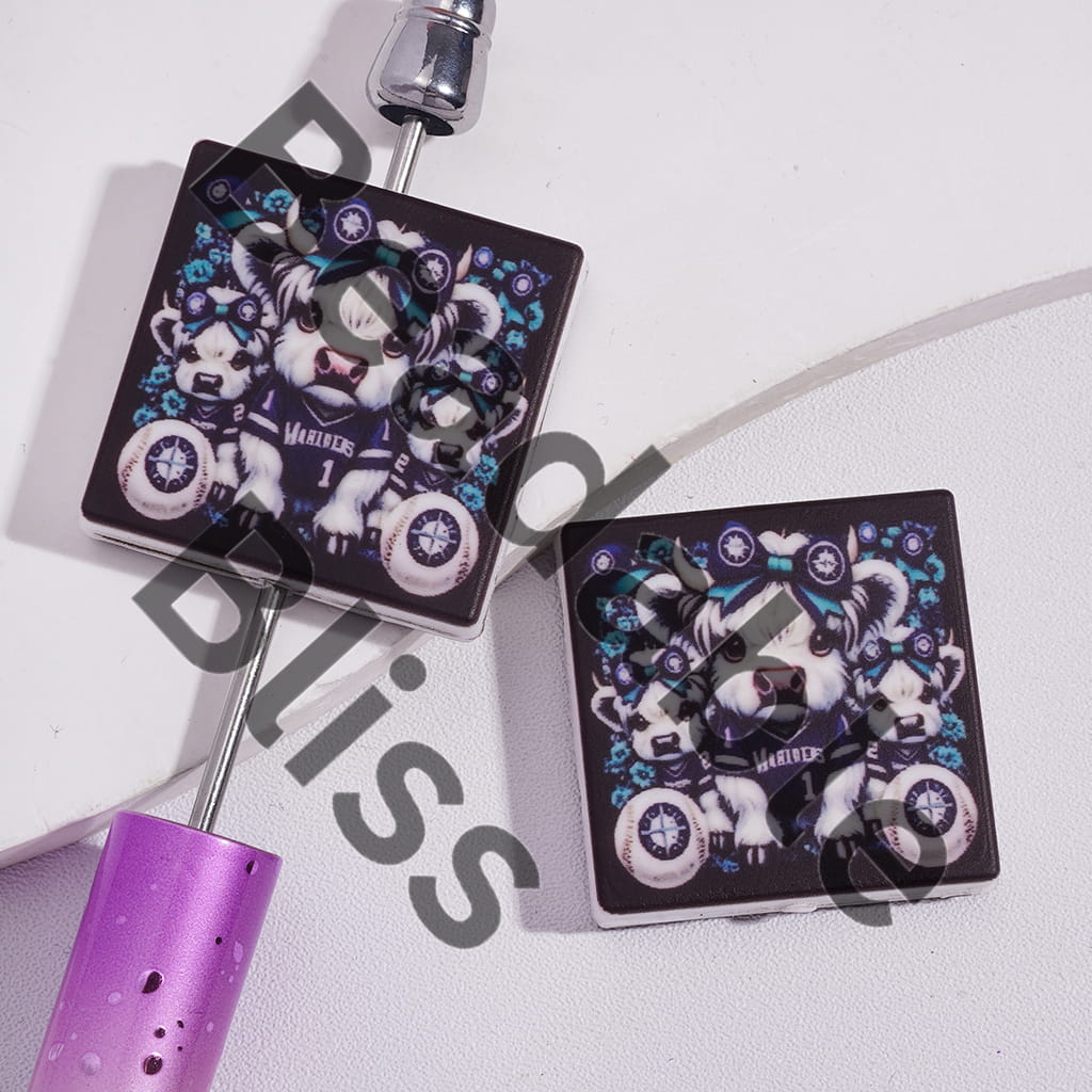 Silicone Focal Beads with American Baseball Seattle Sailor and Highland Cattle, Flat Square Shapes