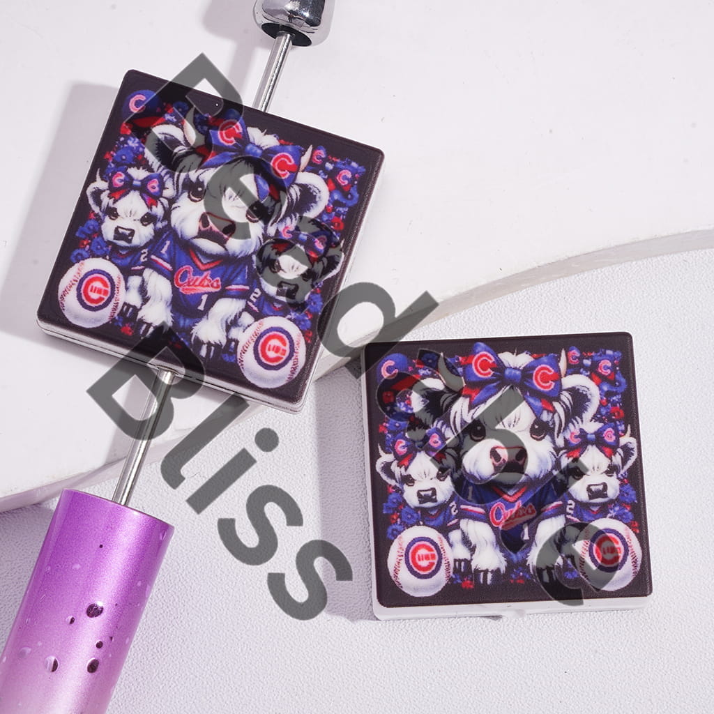 Silicone Focal Beads with Highland Cattle and American Baseball Chicago Bear Baseball, Flat Square Shape