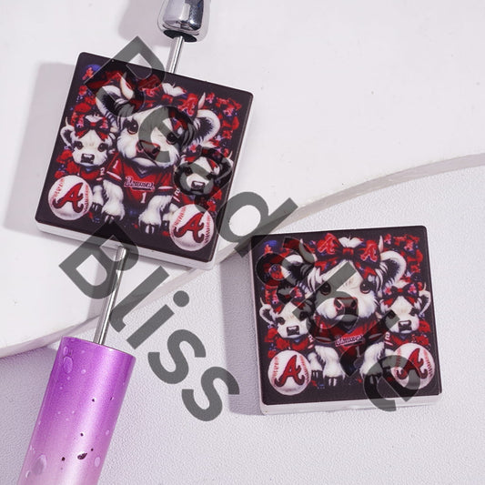 Silicone Focal Beads with American Baseball Atlanta Warrior and Highland Cow, Flat Square Shape