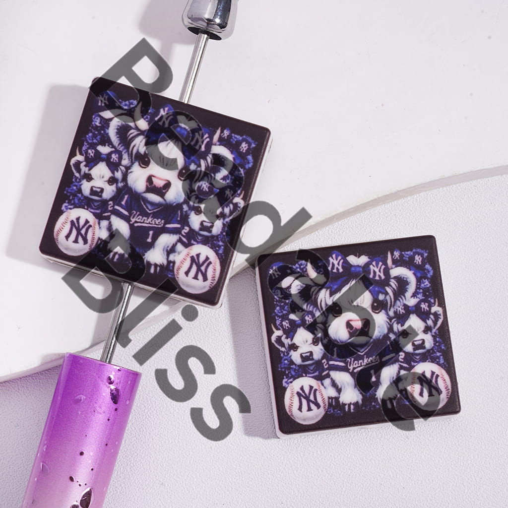 Silicone Focal Beads with Highland Cattle and American NY Baseball, Flat Square Shapes