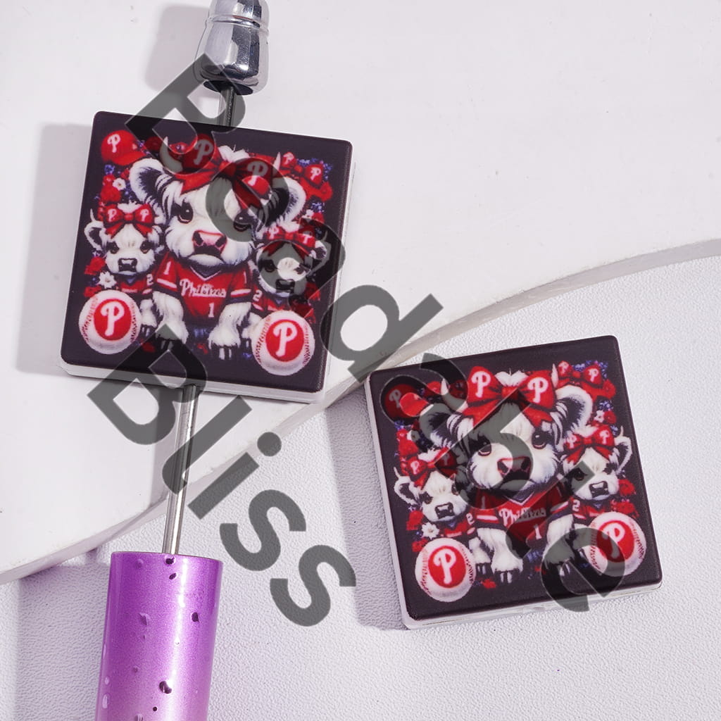Silicone Focal Beads with American Philly Baseball and Highland Cattle, Flat Square Shapes