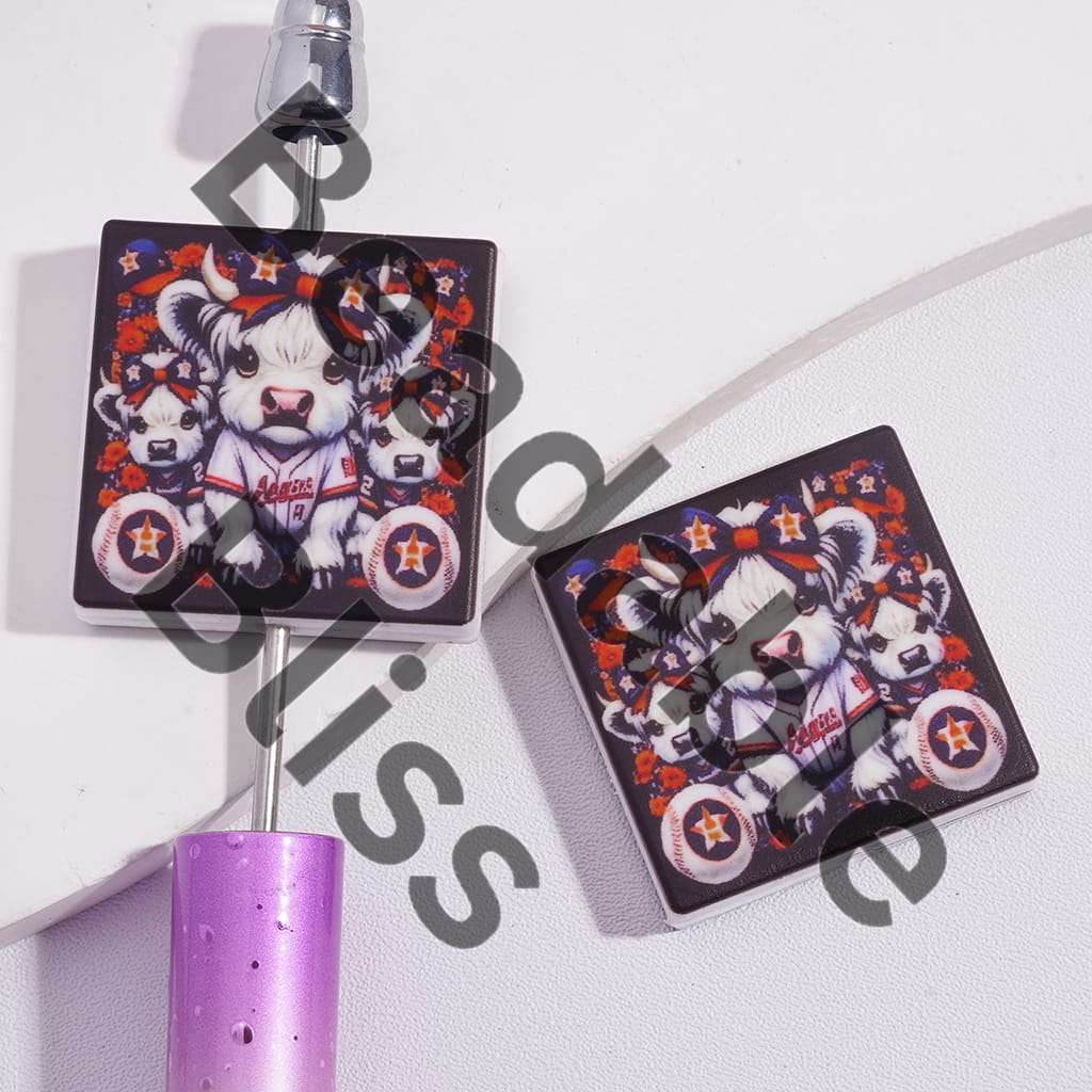 Silicone Focal Beads with American Baseball Houston Astronaut and Highland Cow, Flat Square Shapes
