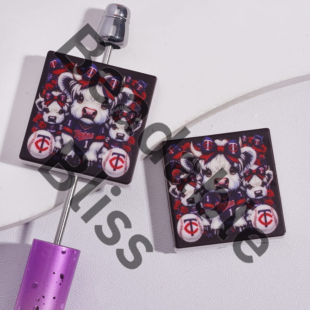 Silicone Focal Beads with Highland Cattle and American TC Baseball, Flat Square Shapes