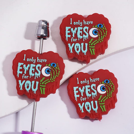 Silicone Focal Beads Red Heart with Text "I only have EYES for YOU" and Green Zombie Hand Holding Eyeball