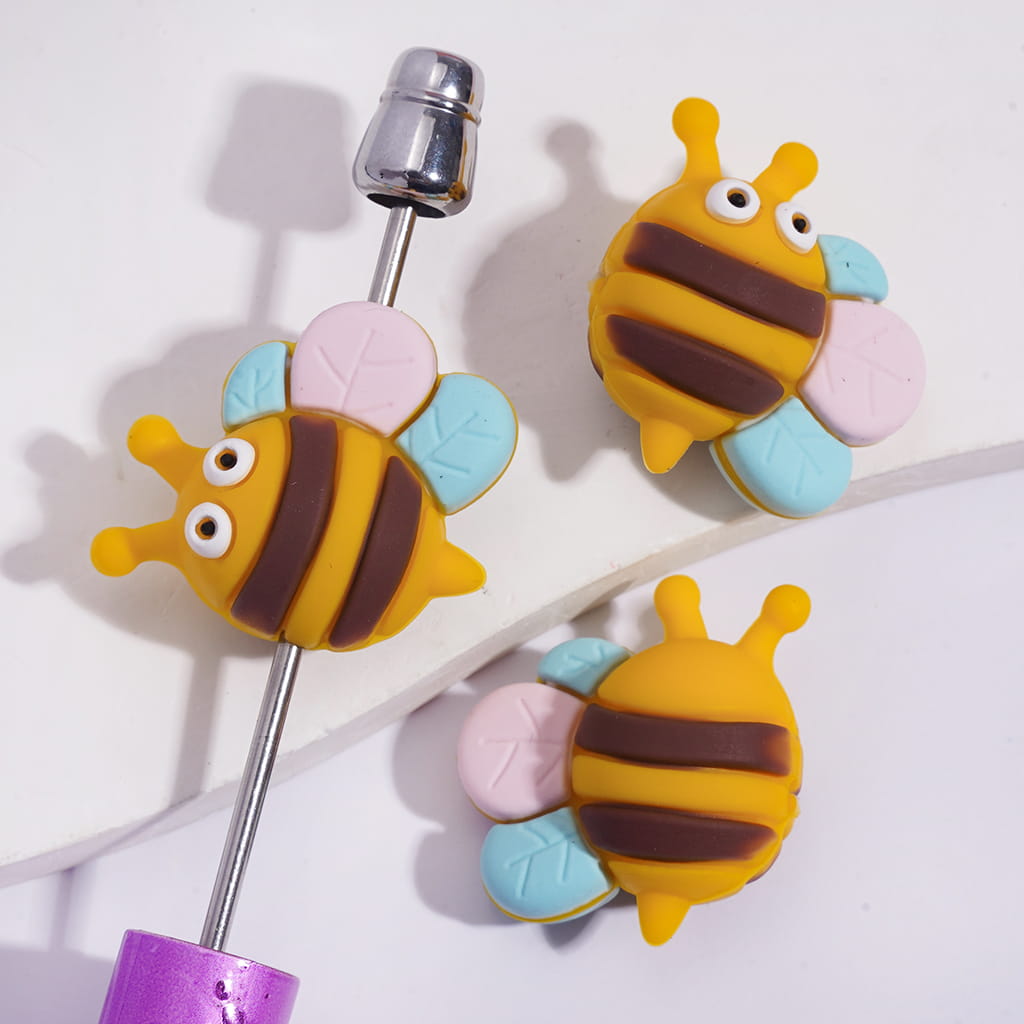 Silicone Focal Beads 3D Cute Plump Honeybee with Pink Blue Wings