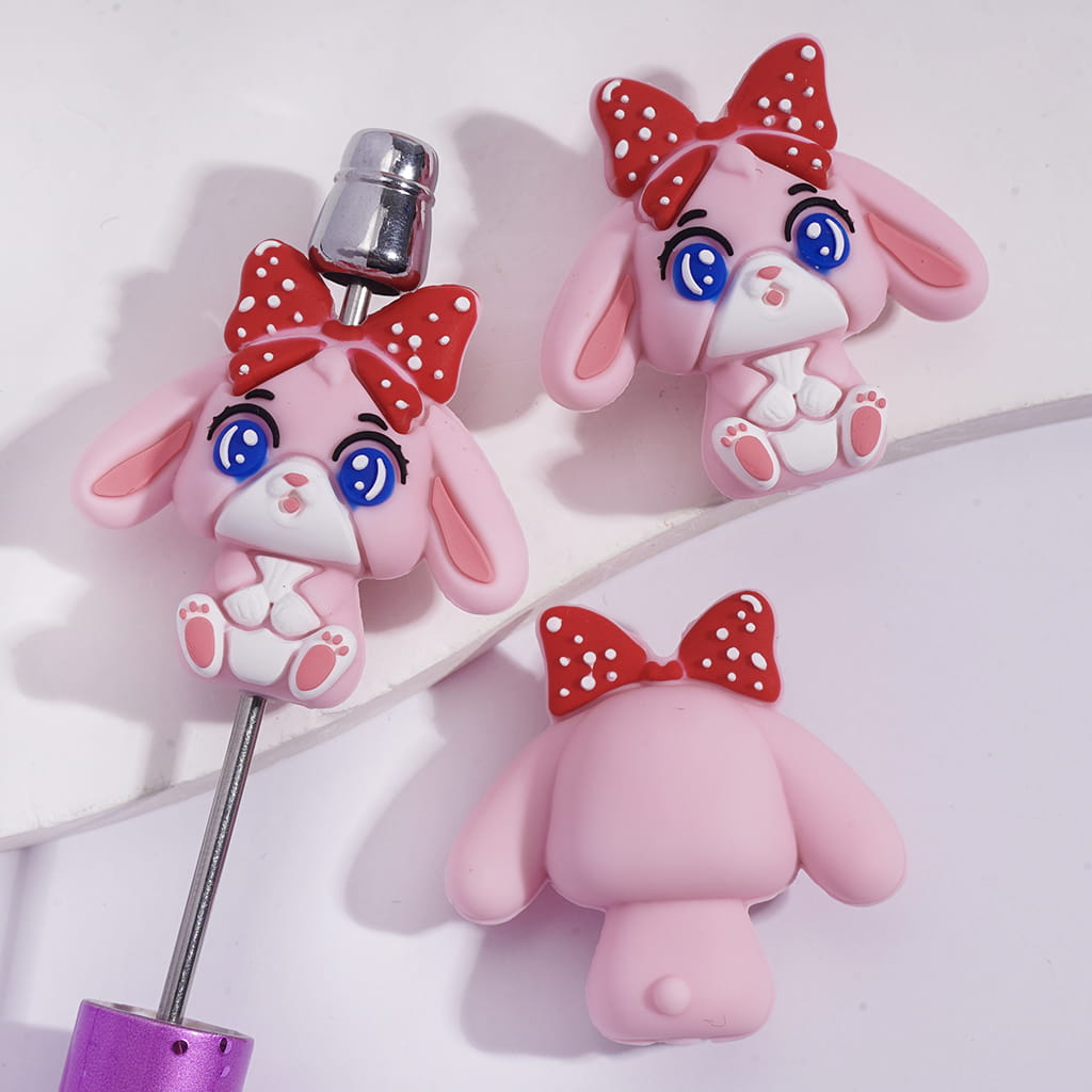 Silicone Focal Beads 3D Pink Bunny Wearing Red Bowtie with White Polka Dots on Head