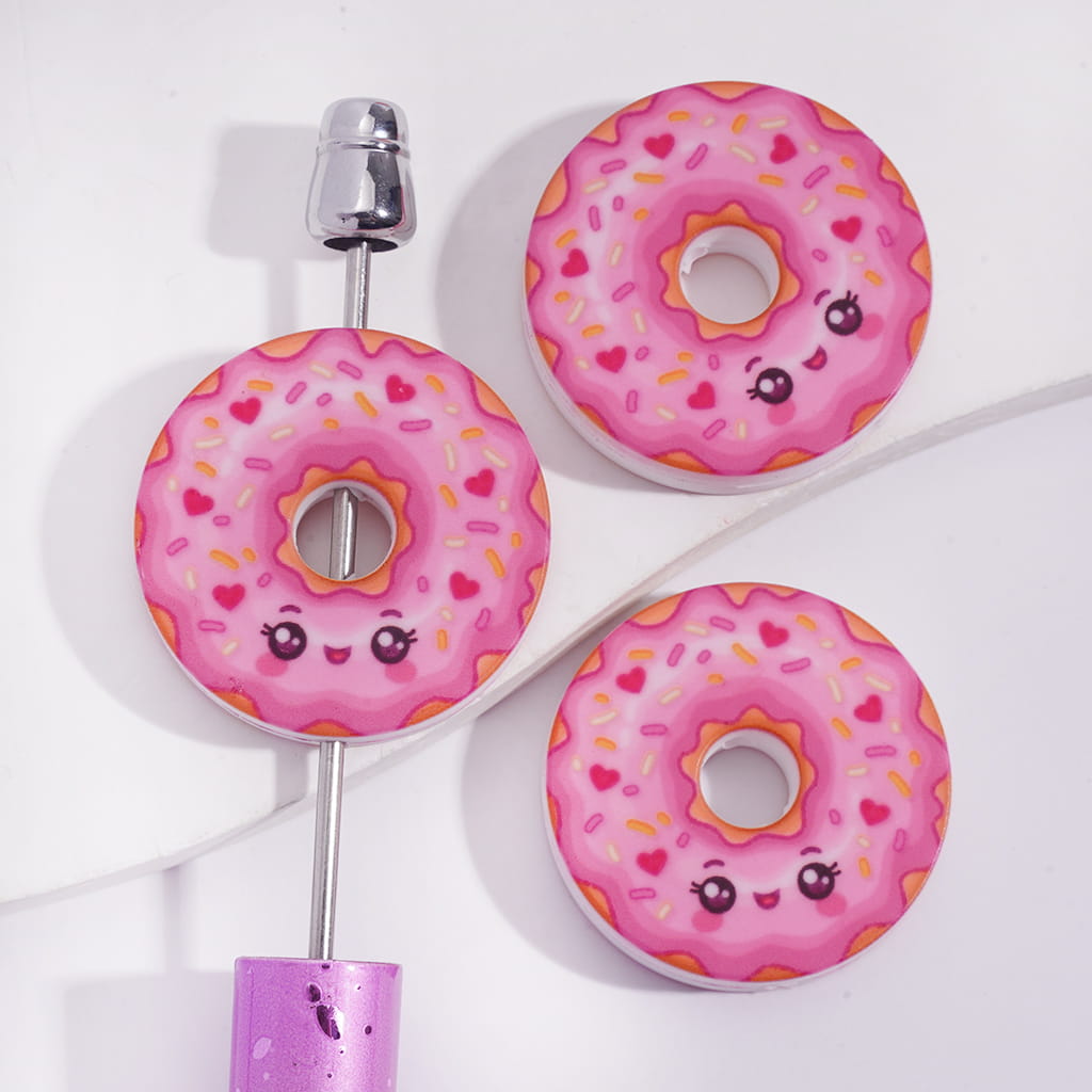 Silicone Focal Beads Pink Doughnut with Smiling Expression, Flat Round Shape