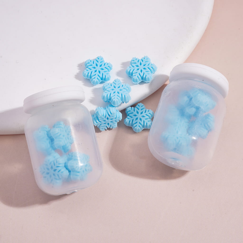 Soft Silicone Shaker Beads with Tiny Blue Snowflake Inside Bottle