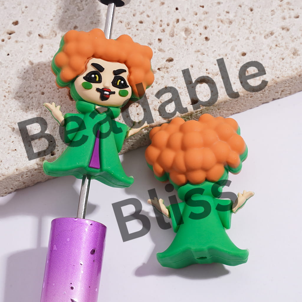Silicone Focal Beads 3D Villain Witch with Orange Puff Hairstyle & Buck Teeth & Green Cloak