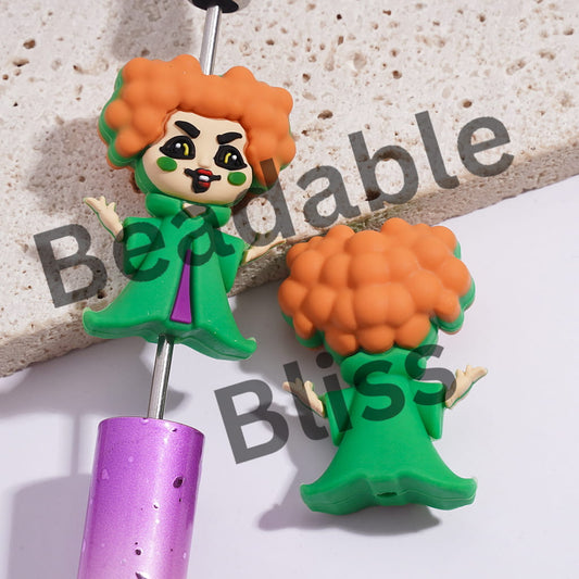 Silicone Focal Beads 3D Villain Witch with Orange Puff Hairstyle & Buck Teeth & Green Cloak