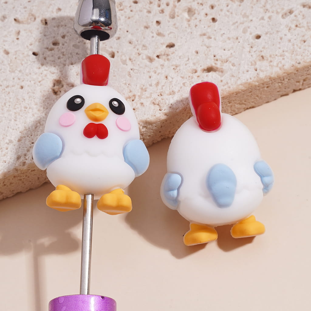 Silicone Focal Beads 3D Shy Chick with Red Comb and Light Blue Wings