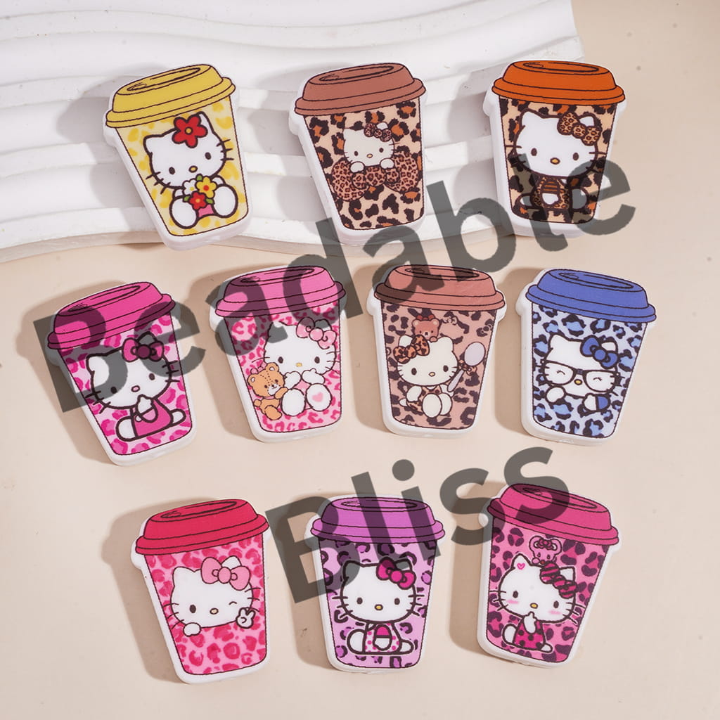Silicone Focal Beads Coffee Cup with Cute Cat Character on Leopard Background, Multi-Color, Random Mix