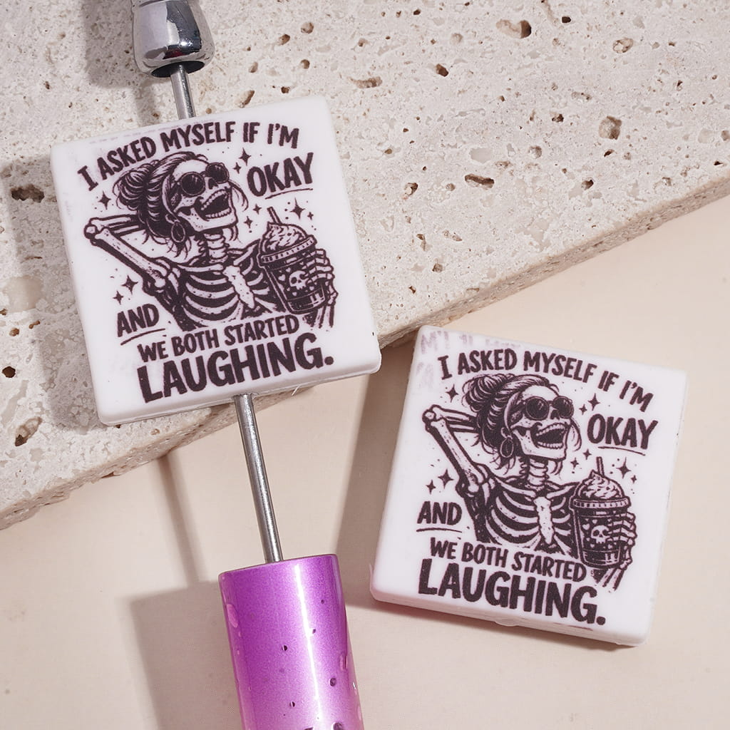 Silicone Focal Beads with Text "I ASKED MYSELF IF I'M OKAY..." and Happy Girl Skeleton, Flat Square Shape