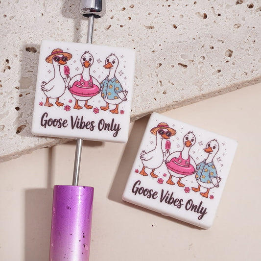 Silicone Focal Beads with Text "Goose Vibes Only" and Three Goose in Casual Summer Clothes, Flat Square Shape