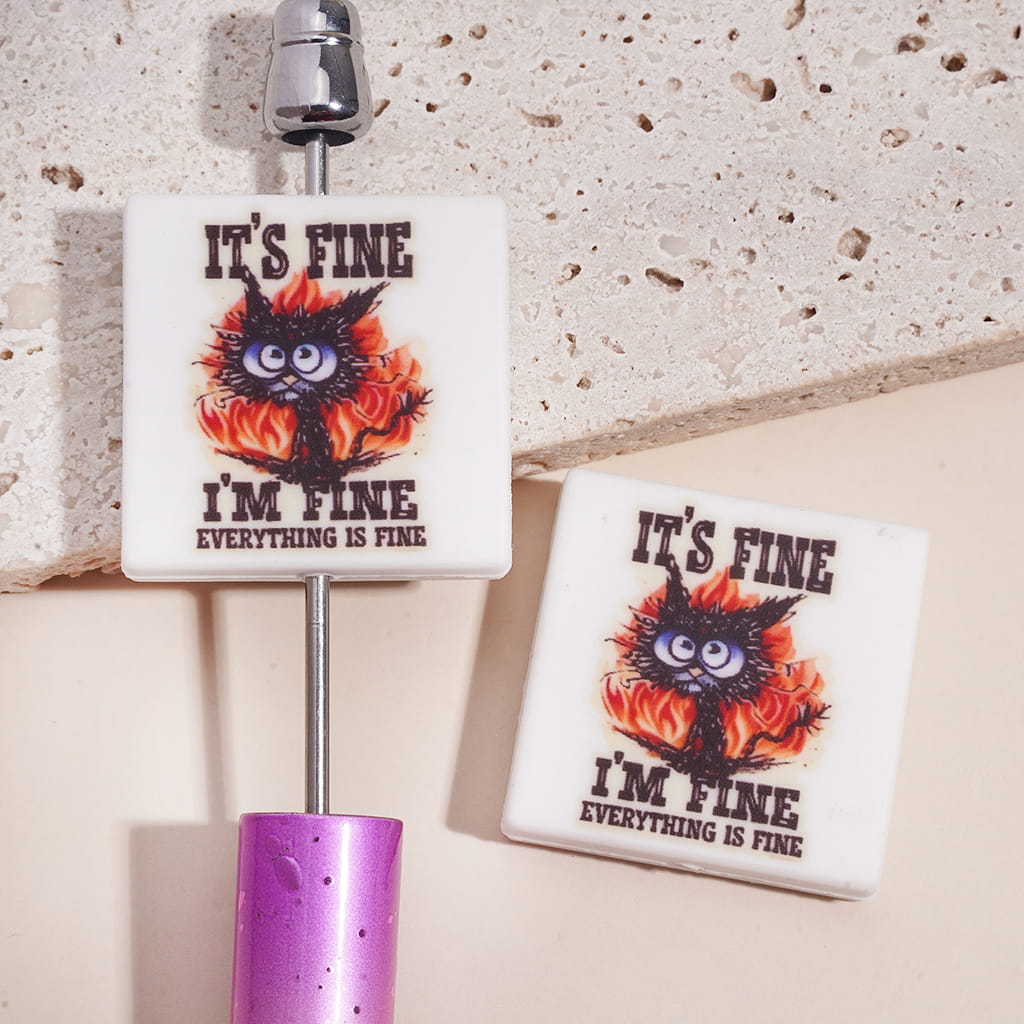 Silicone Focal Beads with Text "IT'S FINE I'M FINE EVERYTHING IS FINE" and Angry Fire Cat, Flat Square Shape