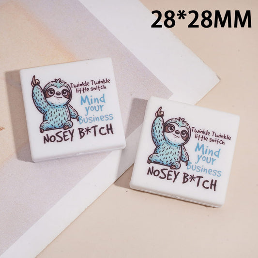 Silicone Focal Beads with Text "Twinkle Twinkle little switch Mind your Business Humor" and Sloth, Flat Square Shape