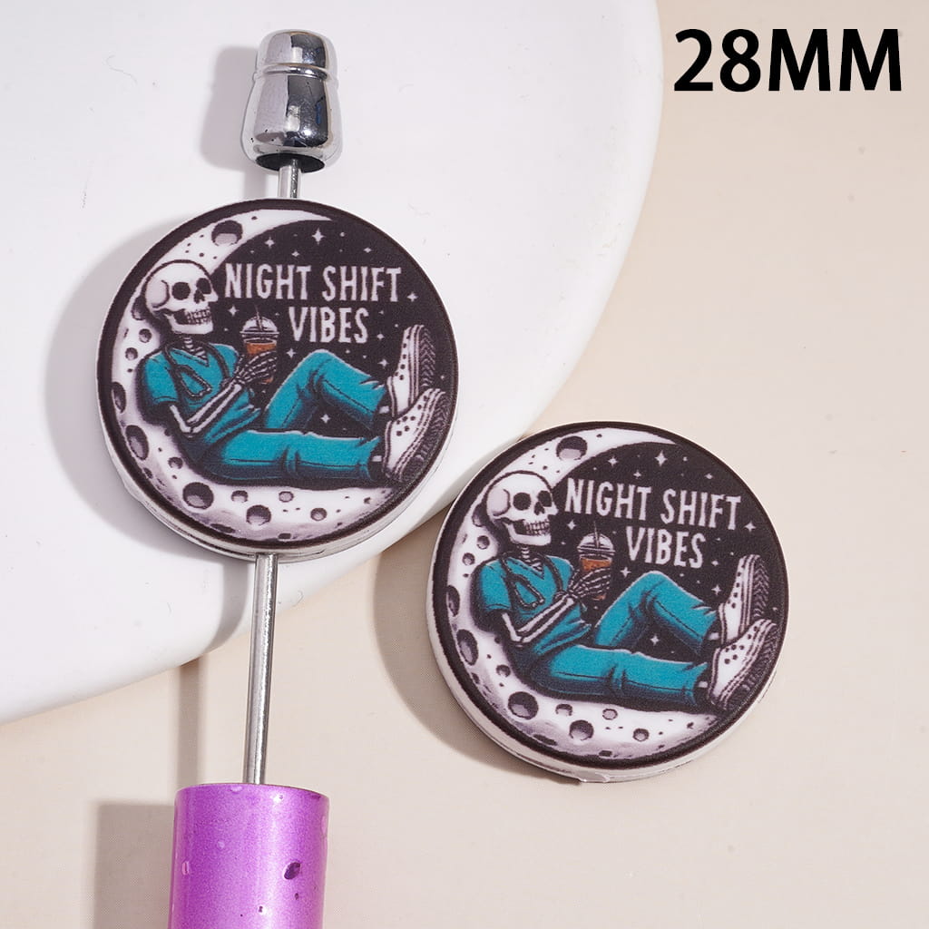 Silicone Focal Beads with Skeleton Doctor Drinking Coffee & Sitting on Moon and Text "NIGHT SHIFT VIBES", Flat Round Shape