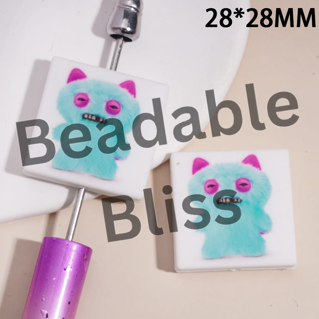 Silicone Focal Beads with Cute Blue Furry Teeth Monster Prints, Flat Square Shape