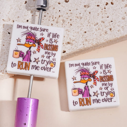 Silicone Focal Beads with Purple Duck Holdin Hot Coffee Cup and Text "I'm not quite sure if life is PASSING me by or trying to RUN me over...", Flat Square Shape