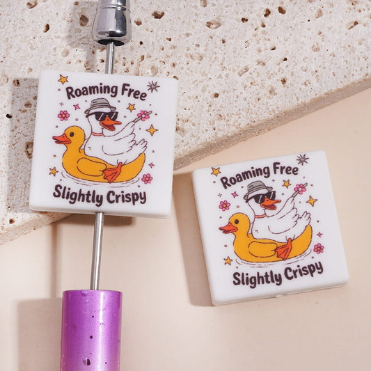Silicone Focal Beads with Text "Roaming Free Slightly Crispy" and White Goose Sitting on Yellow Rubber Duck, Flat Square Shape