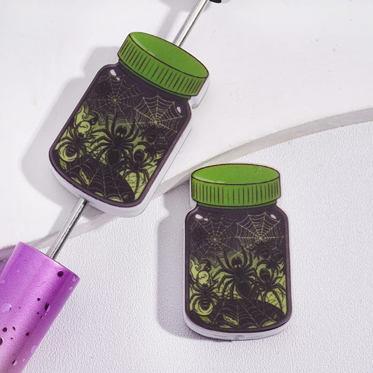 Silicone Focal Beads Halloween Horror Jar Bottle with Black Spiders and White Web Inside