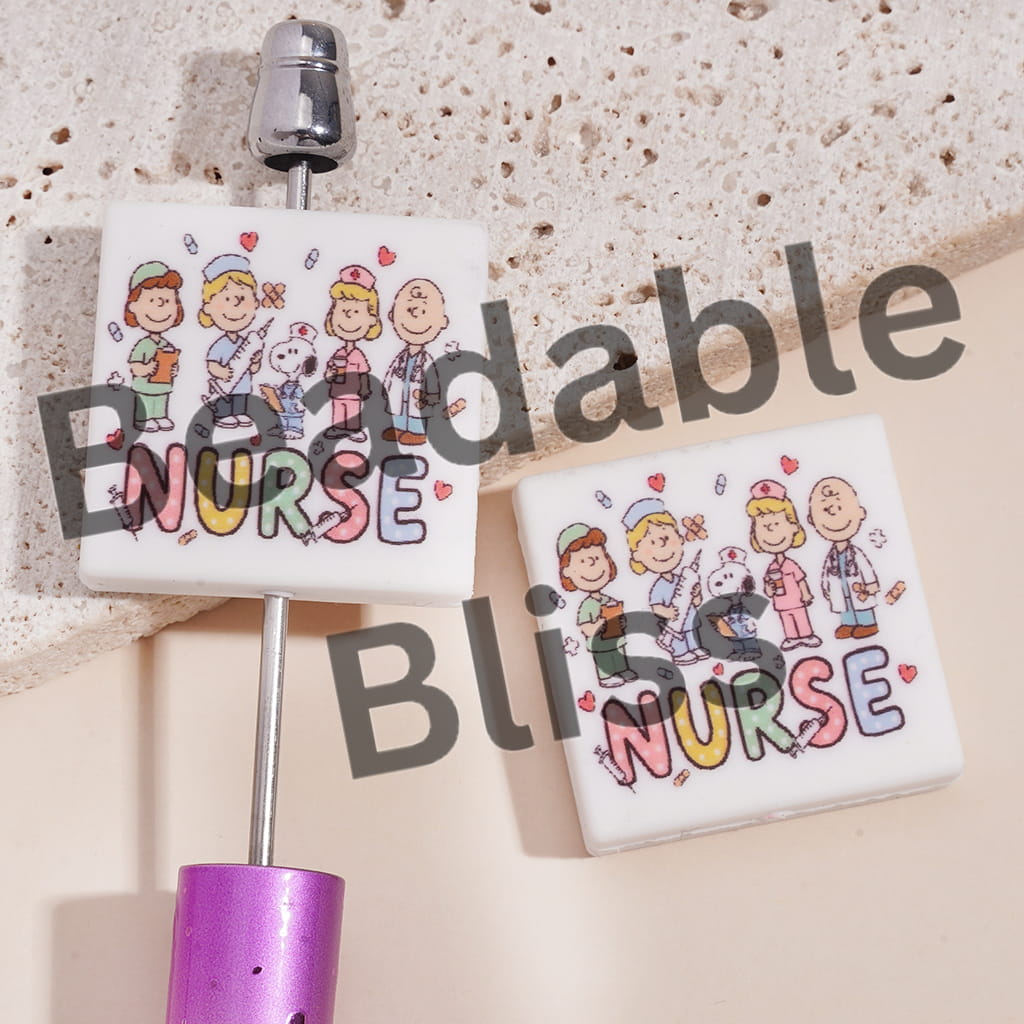 Silicone Focal Beads NURSE Theme Beagle Dog and Little Boy Character Family Prints, Flat Square Shape