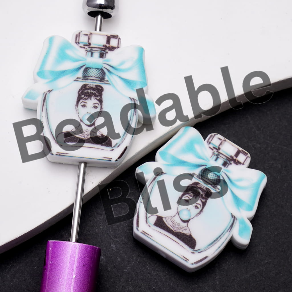 Silicone Focal Beads with Renowned British Actress Blow Light Blue Bubble, Flat Perfume Bottle Shape