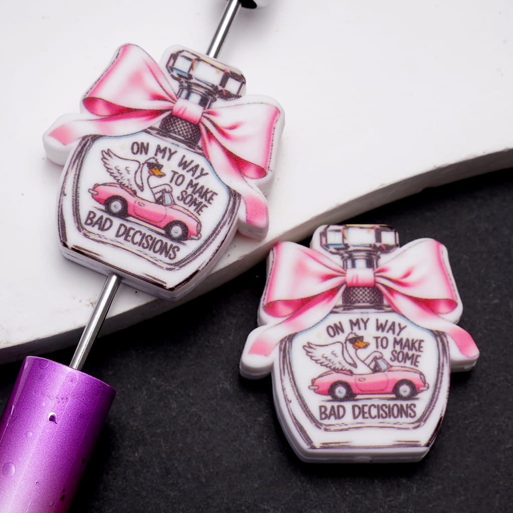 Silicone Focal Beads with Goose Driveing Sports Car & Text "ON MY WAY TO MAKE SOME BAD DECISIONS", Flat Perfume Bottle Shape