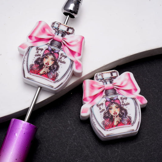 Silicone Focal Beads with Text Girl Making Shh Gesture & "Keep it cute & Keep it Mute", Flat Perfume Bottle Shape