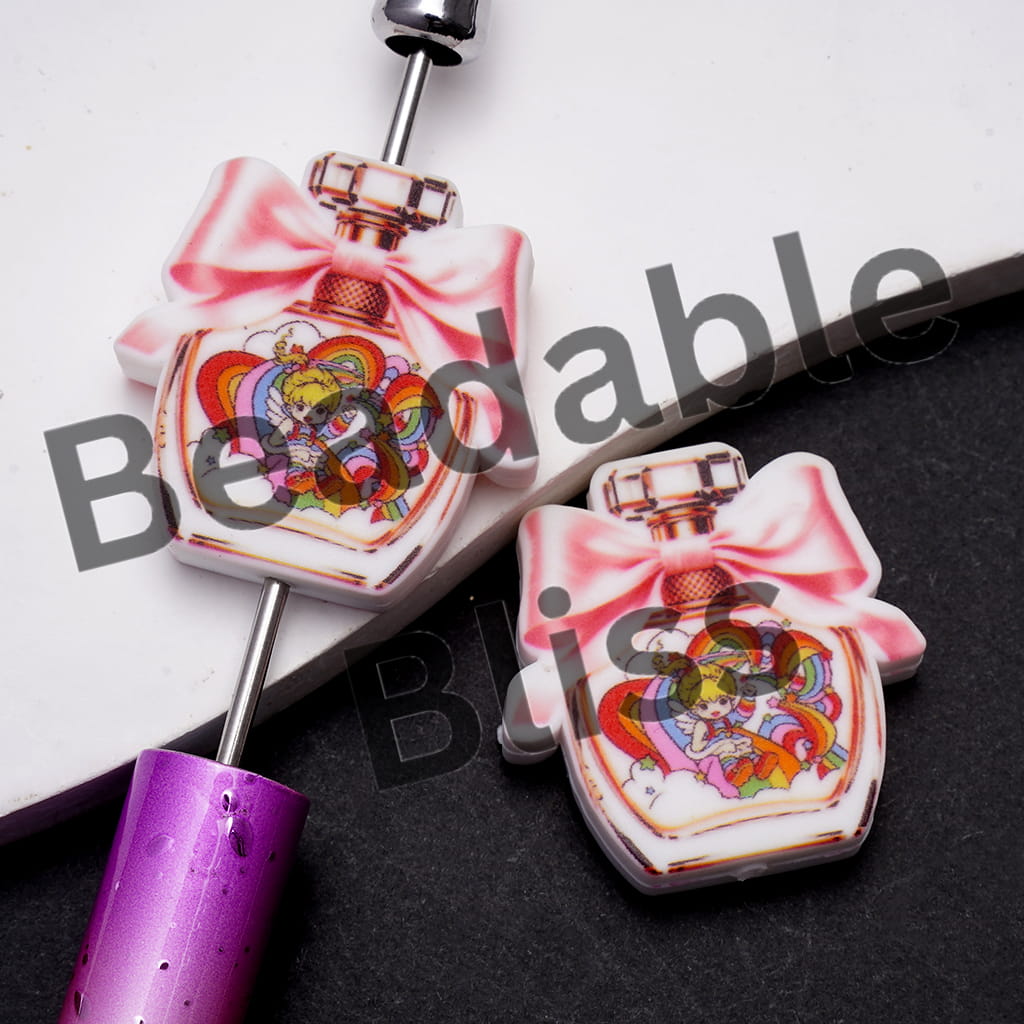 Silicone Focal Beads with Rainbow Girl Character Prints, Flat Perfume Bottle Shape
