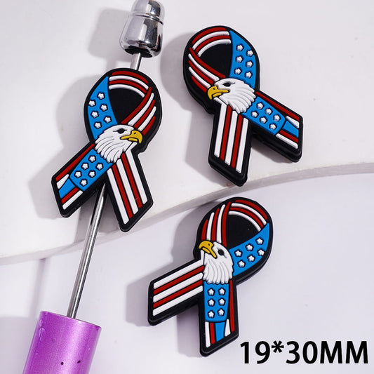 Silicone Focal Beads Silk Ribbon with American Flag and Bald Eagle in Patriotic Style