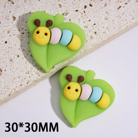 Silicone Focal Beads 3D Green Heart Shaped Leaf with Colorful Worm