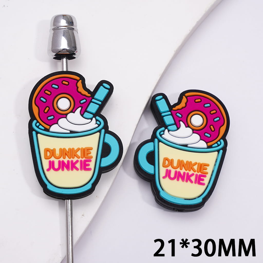 Silicone Focal Beads with Donut Coffee Cup with Text "UNKIE JUNKIE"