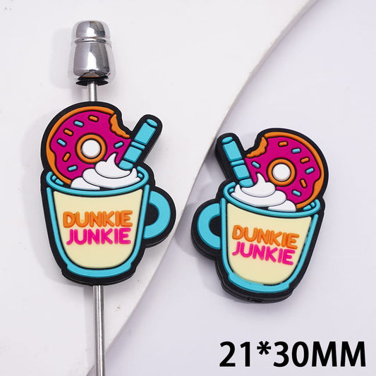Silicone Focal Beads with Donut Coffee Cup with Text "UNKIE JUNKIE"
