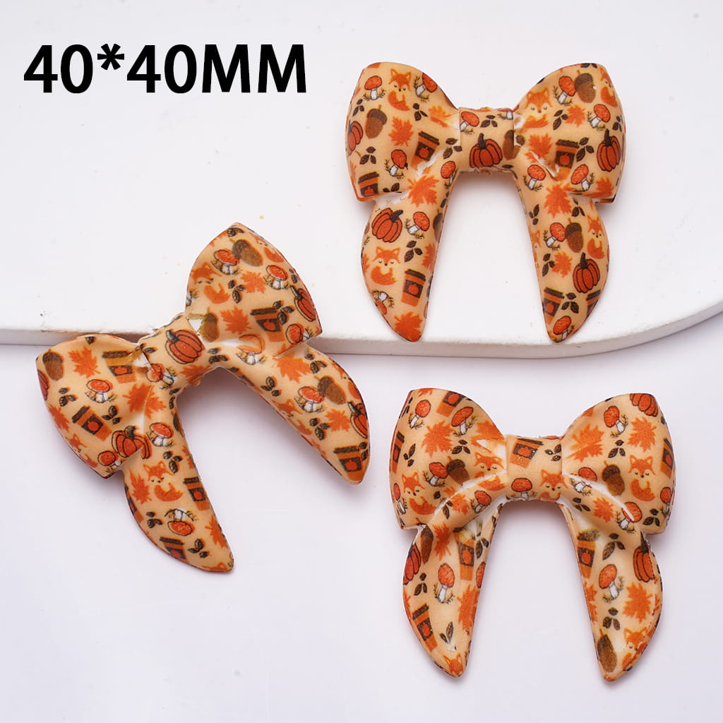 Silicone Focal Beads Soft Bowtie with Fox Pumpkin Mushroom Autumn Prints, 40MM