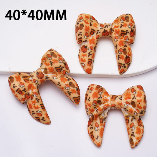 Silicone Focal Beads Soft Bowtie with Fox Pumpkin Mushroom Autumn Prints, 40MM