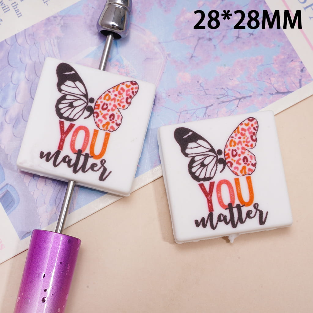 Silicone Focal Beads with Butterfly and Text "YOU matter", Flat Square Shape