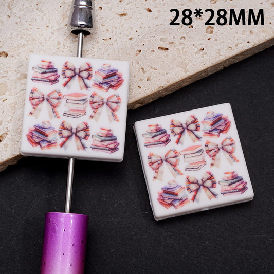 Silicone Focal Beads with Bowties Coffee Cup Colorful Book Prints, Flat Square Shape