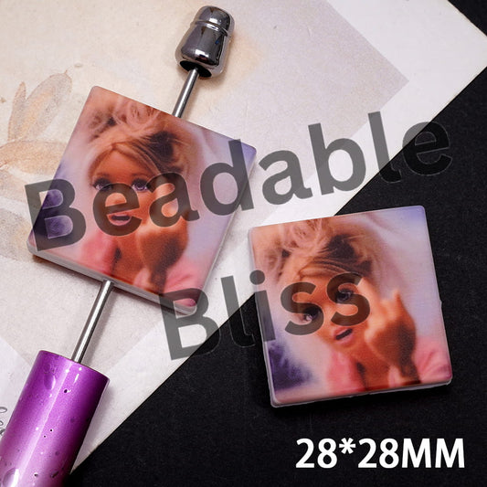 Silicone Focal Beads with Fashion Doll Making One Finger Gesture Prints, Flat Square Shape
