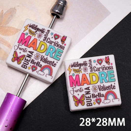 Silicone Focal Beads with Text "MADRE inteligente sabia Bella Valiente BUENA..." and Butterfly Rainbow in Spain Mother's Day, Flat Square Shape
