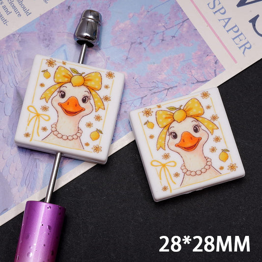 Silicone Focal Beads with Duck Wearing Yellow Bowtie and White Pearls Necklace, Flat Square Shape