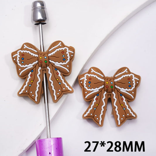 Silicone Focal Beads Brown Bowtie with White Line and Various Colors Polka Dots, Christmas Theme