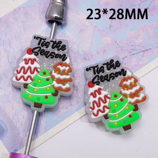 Silicone Focal Beads Three Christmas Trees and Black Text "This the Season", Silver Glitter Insides