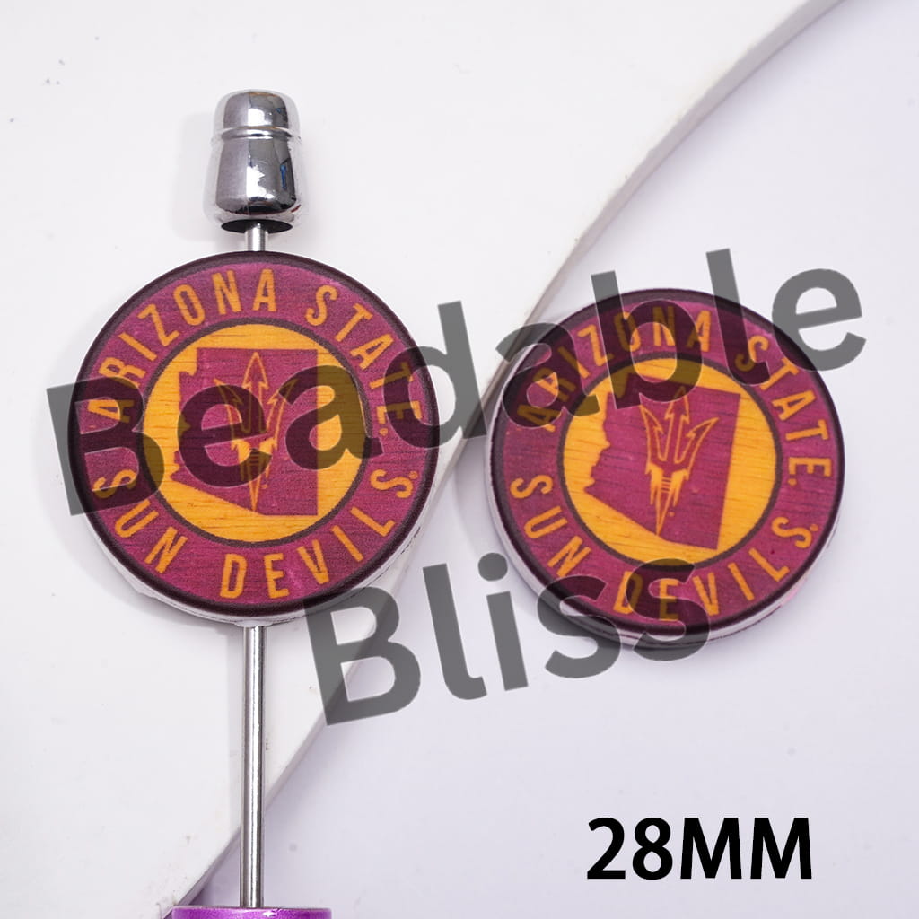 Silicone Focal Beads with AS University Devil Team Print, Flat Round Shape