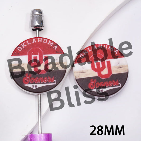 Silicone Focal Beads with OU Team Print, Flat Round Shape