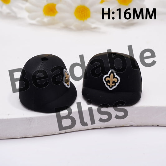 Silicone Focal Beads 3D Black Baseball Cap with American Football NOLA Patterns